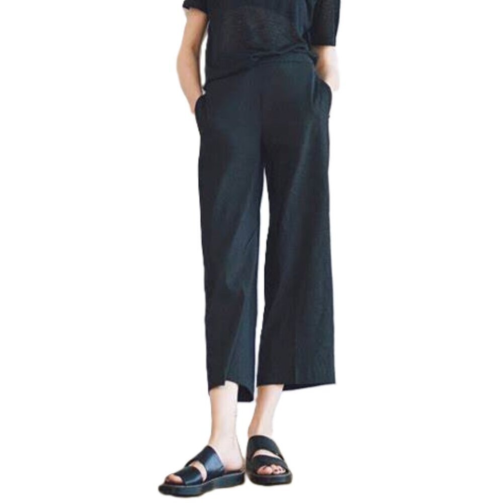 Women's Linen Blend Cropped Pants High Rise Eco Crunch Wash Lagenlook Office